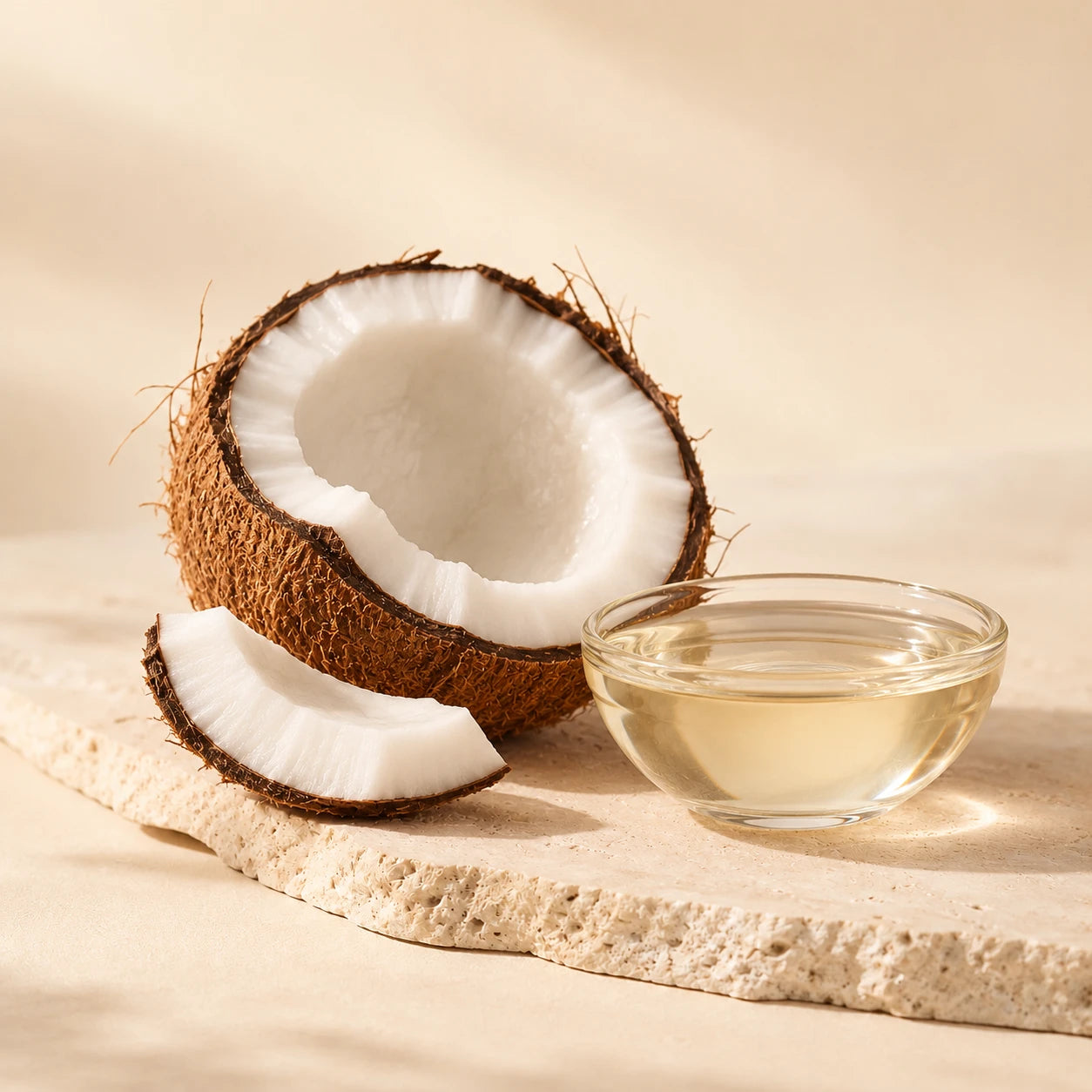 Fresh coconut with a bowl of coconut oil