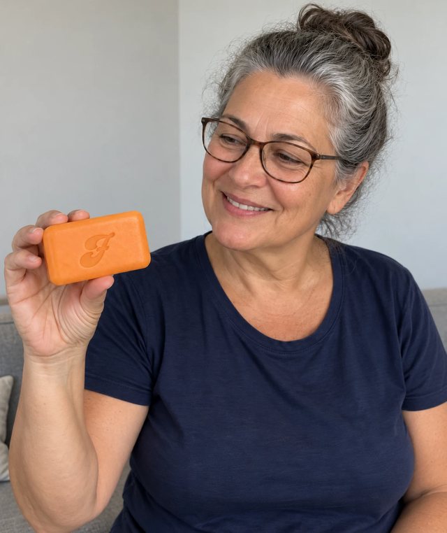 Customer holding Freddie Persimmon Soap