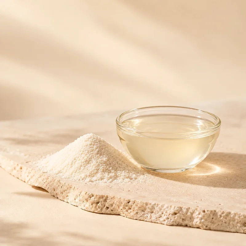 A mound of collagen powder beside a bowl of clear liquid on a stone slab