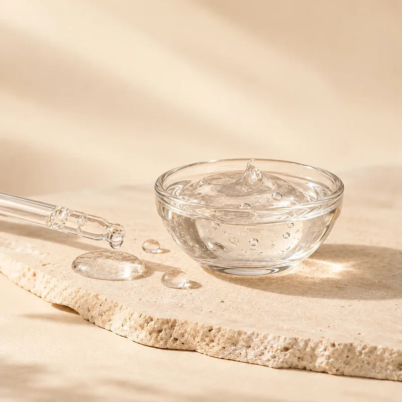 A dropper releasing clear hyaluronic acid gel beside a glass bowl