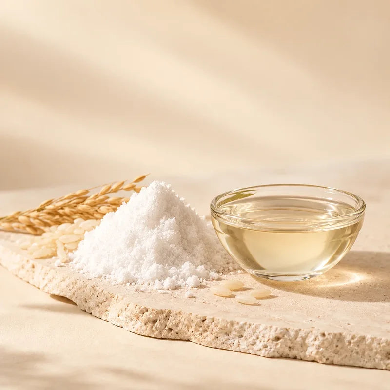 Rice, kojic acid crystals and a bowl of clear liquid on a stone slab
