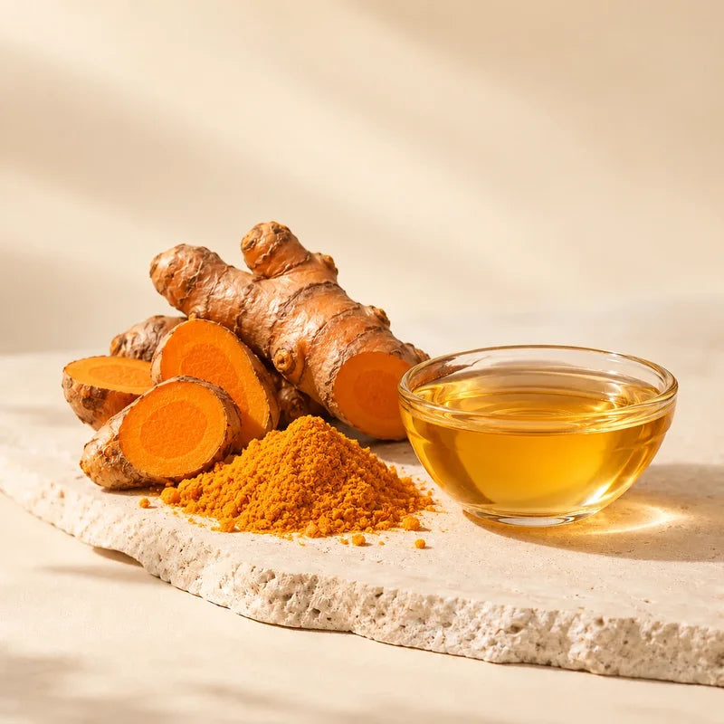 Fresh turmeric root, turmeric powder and a bowl of golden oil on a stone slab