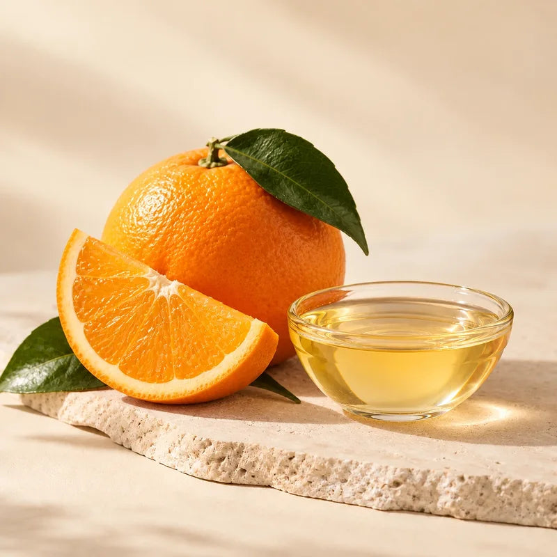 A fresh orange with a slice and a bowl of clear liquid on a stone slab